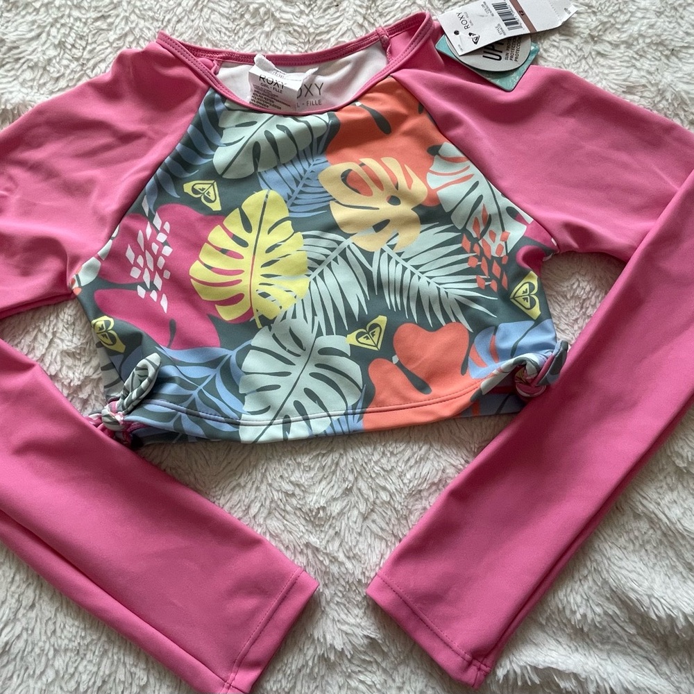 Roxy Girl Pink Floral Swimsuit Top Size 12 new with tags